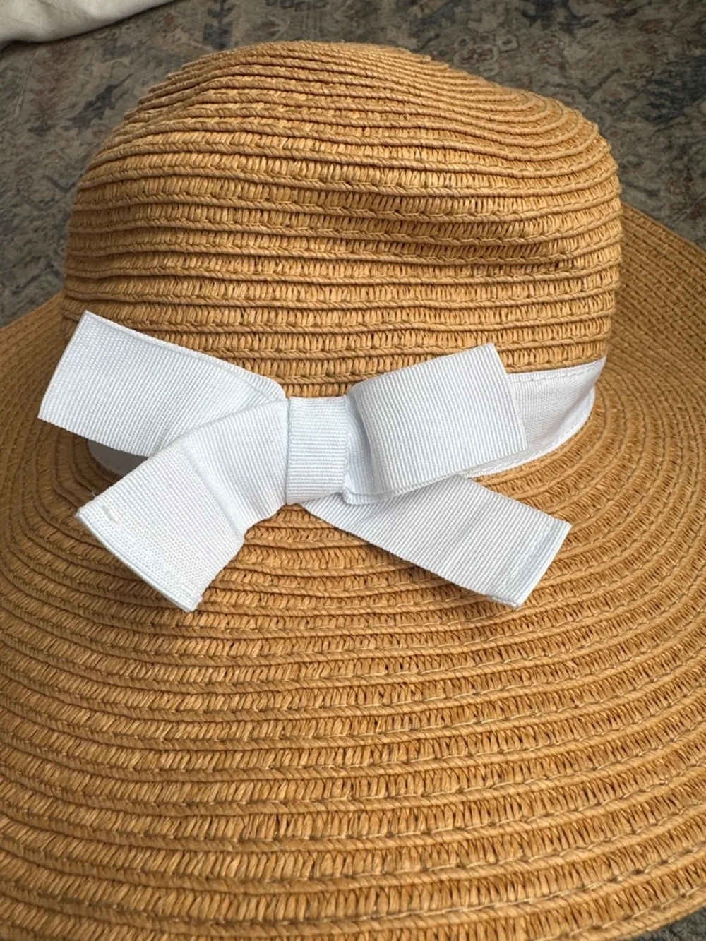 Old Navy Baby Straw Sun Hat 6-12M White Bow Wide Brim Summer Beach Hat
